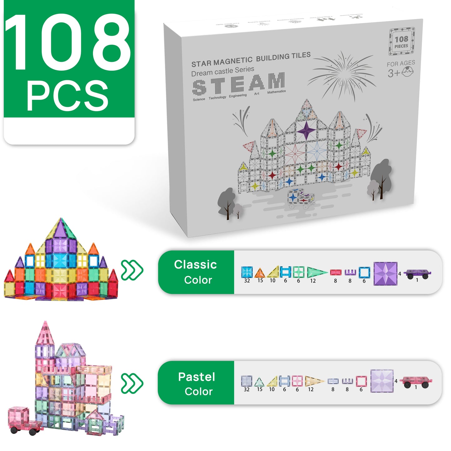 108-Piece Magnetic Building Blocks Set – 3D Educational Construction Toy for Kids