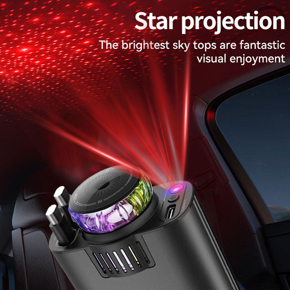 Carregador de Carro com Luz Ambiente Estrelada e Cabos Duplos Retráteis