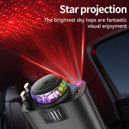 Carregador de Carro com Luz Ambiente Estrelada e Cabos Duplos Retráteis