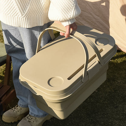Cesto de Piquenique Dobrável com Tampa de Tábua de Cortar – Mesa de Campismo Dobrável Multifuncional, Lava-louças e Recipiente para Armazenamento de Alimentos