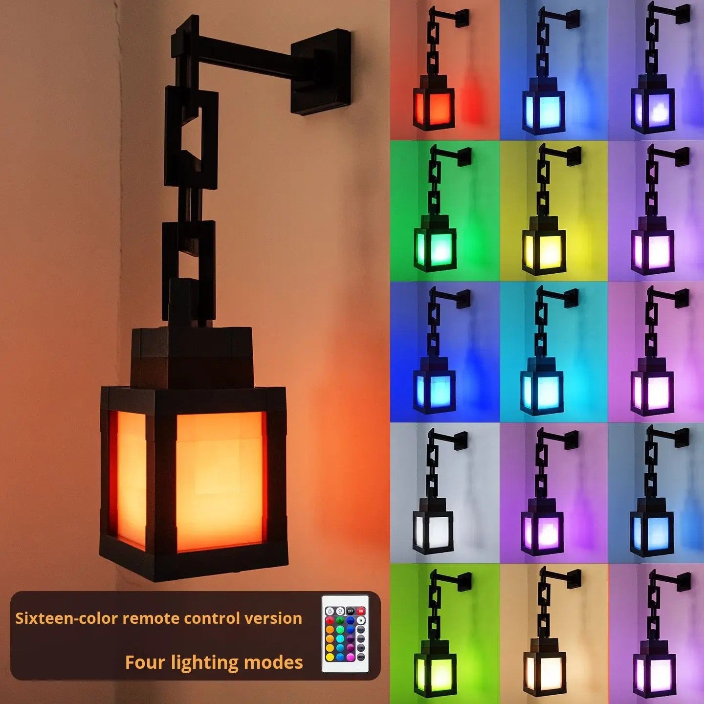 Luz Noturna de Lanterna LED Quadrada Estilo Pixel – Luz de Parede Multicolorida com Controlo Remoto para Salas de Jogos e Quartos
