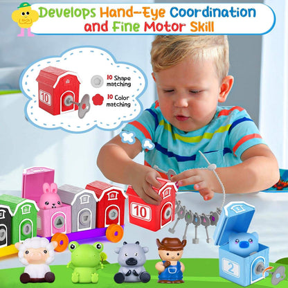 Montessori Counting Toy for Toddlers 1-3: Farm Animal Train & 10 Finger Puppets Matching Game