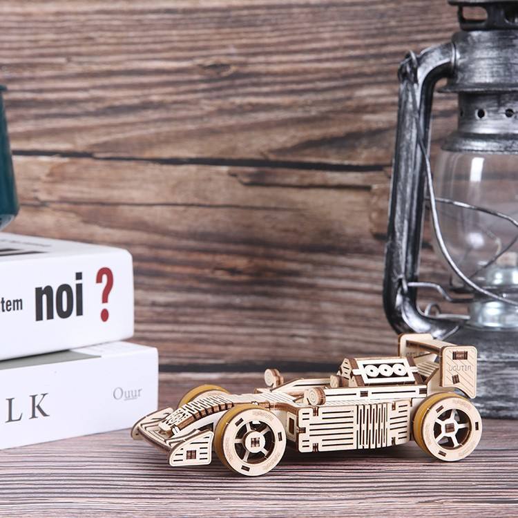 Quebra-cabeça 3D DIY Carro de Corrida de Madeira com Transmissão Mecânica