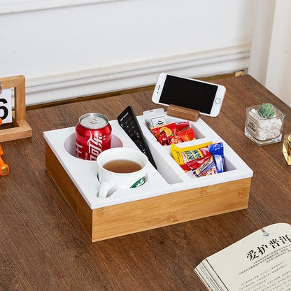 Tabuleiro para Sofá em Madeira e Silicone Macio Organizador para Aperitivos Comando Tabuleiro de Mesa de Centro Multifuncional com Suporte para Copos