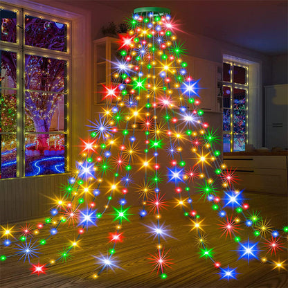 Luz de Topo de Árvore de Natal em Cascata com Anel LED – Luz de Corda em Estrela Fácil de Pendurar com Alimentação USB