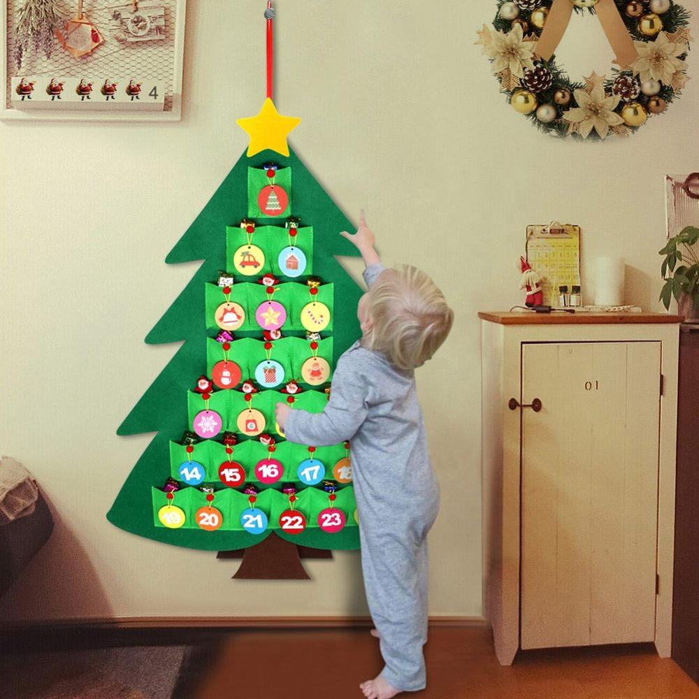 Calendário do Advento em Feltro de Árvore de Natal, para Crianças – Decoração de Natal para Pendurar na Parede para Crianças