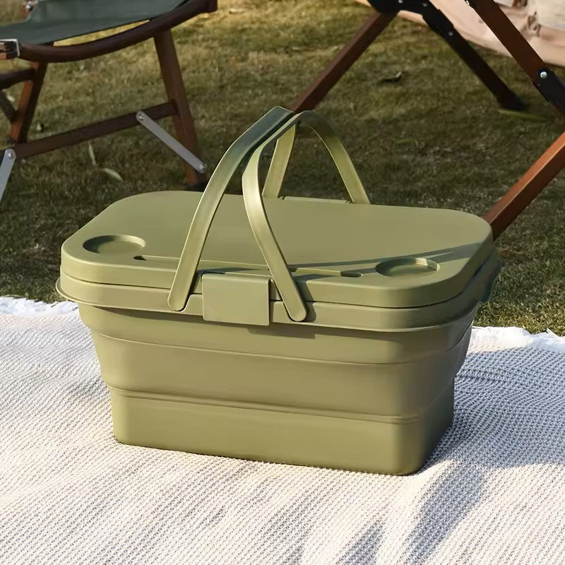 Cesto de Piquenique Dobrável com Tampa de Tábua de Cortar – Mesa de Campismo Dobrável Multifuncional, Lava-louças e Recipiente para Armazenamento de Alimentos