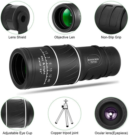 16×52 Portable Monocular Telescope for Travel, Wildlife & Outdoor Viewing