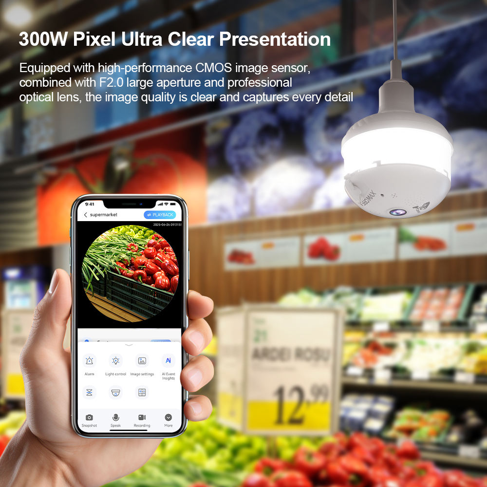 Câmara de Segurança V380 App Smart 360° com Lâmpada e Visão Noturna