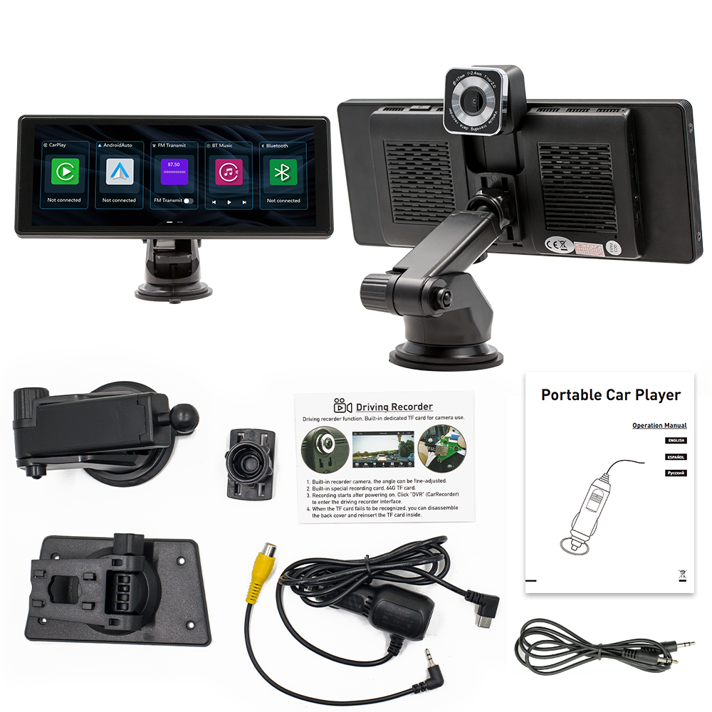 Portable Wireless CarPlay & Android Auto Display Car Radio with Built-in DVR