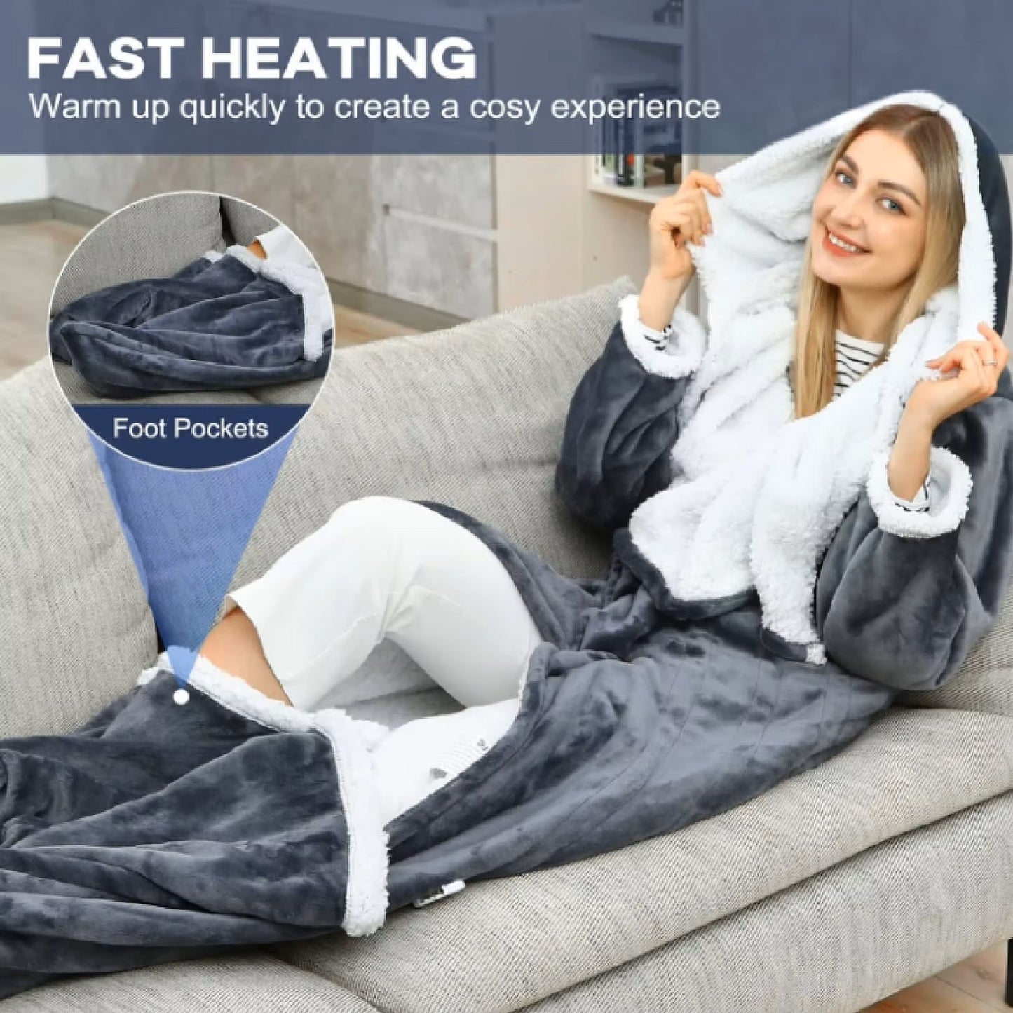 Heated Wearable Blanket with Sleeves & Hood | Flannel