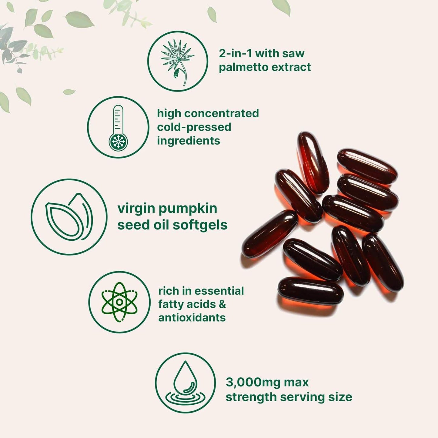 Óleo de Semente de Abóbora Premium com Saw Palmetto 3000mg 180 Cápsulas Moles Apoia a Saúde do Cabelo, Urinária, da Bexiga e da Próstata