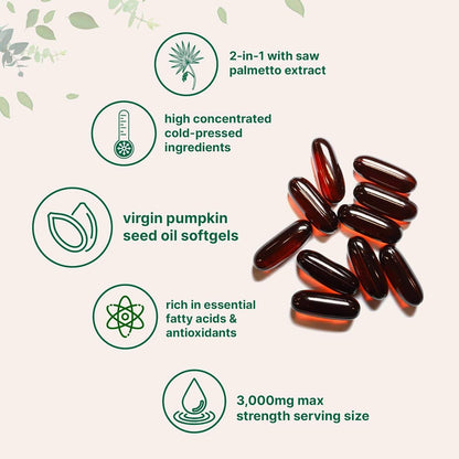 Óleo de Semente de Abóbora Premium com Saw Palmetto 3000mg 180 Cápsulas Moles Apoia a Saúde do Cabelo, Urinária, da Bexiga e da Próstata