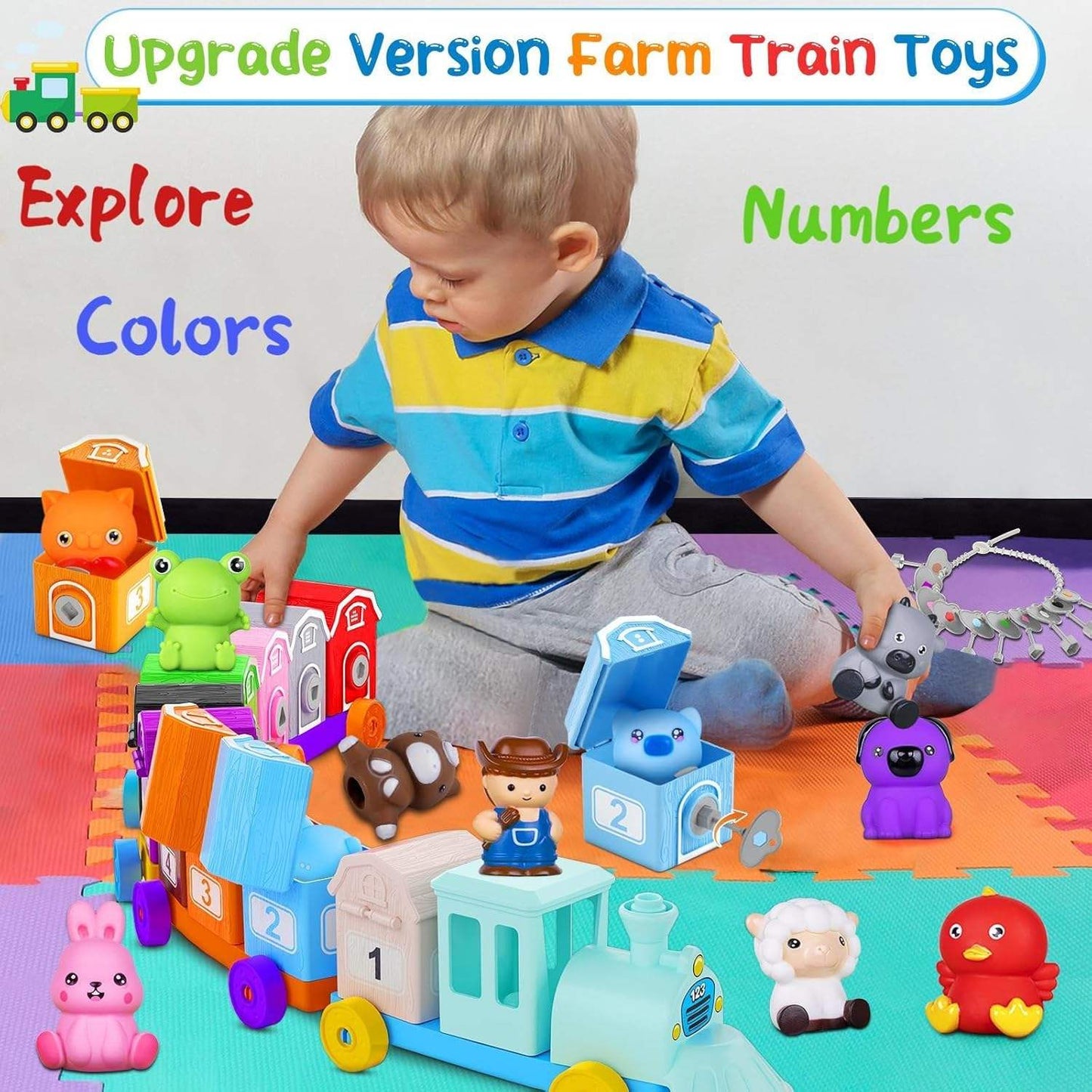Montessori Counting Toy for Toddlers 1-3: Farm Animal Train & 10 Finger Puppets Matching Game