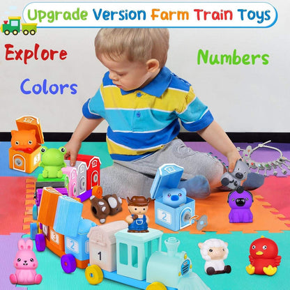Montessori Counting Toy for Toddlers 1-3: Farm Animal Train & 10 Finger Puppets Matching Game