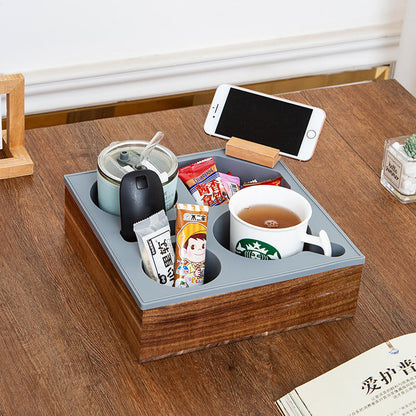 Tabuleiro para Sofá em Madeira e Silicone Macio Organizador para Aperitivos Comando Tabuleiro de Mesa de Centro Multifuncional com Suporte para Copos