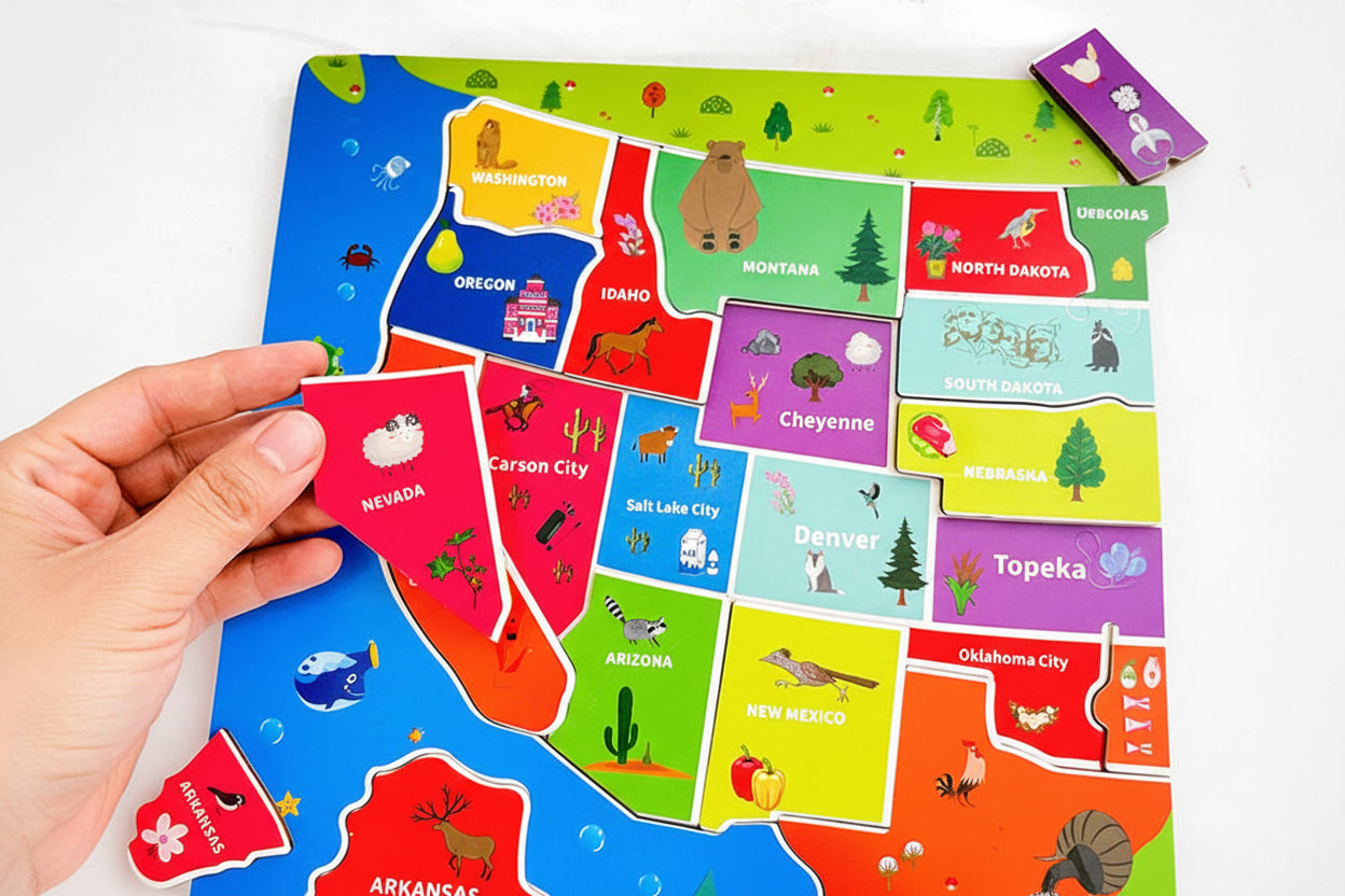 Rompecabezas de madera de mapa de EE. UU. para niños – Juguete de geografía educativo para aprender el mapa para niños y niñas