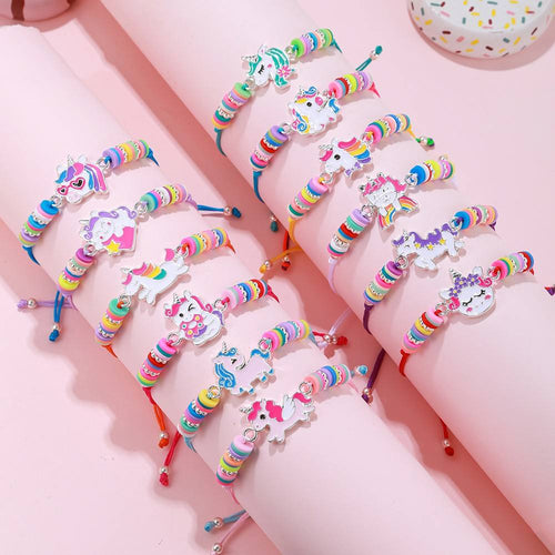 12-Piece Elastic Beaded Charm Bracelet Set – Assorted Cute Themes