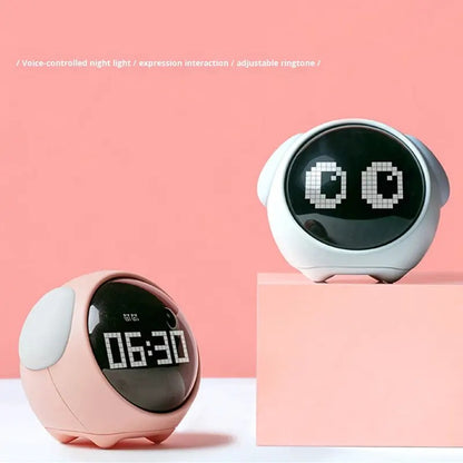 Candeeiro de Mesa LED com Expressão de Pixel - Despertador Digital Inteligente para Crianças, Luz Noturna Ativada por Voz e Função Snooze