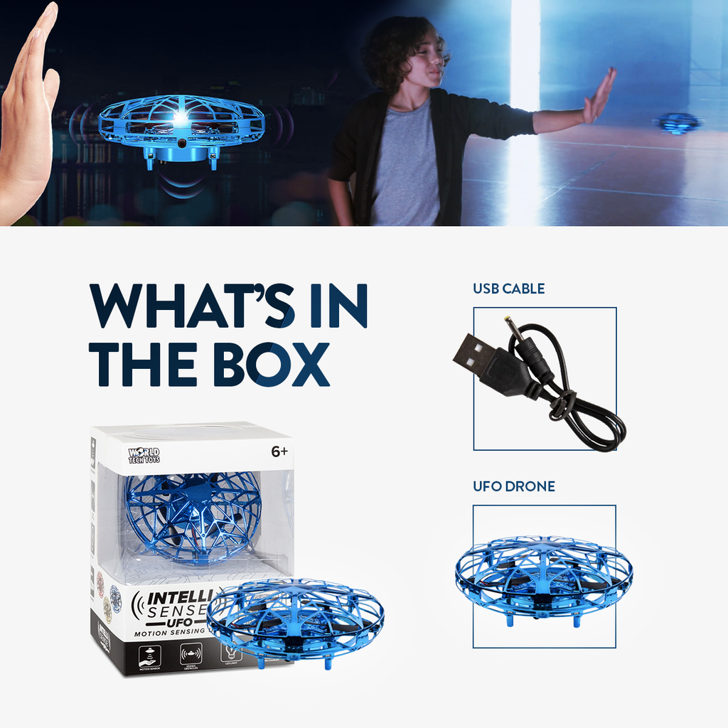 Helicóptero UFO Intelli Sense con detección de movimiento – Helicóptero flotante controlado a mano con luces LED y cargador USB