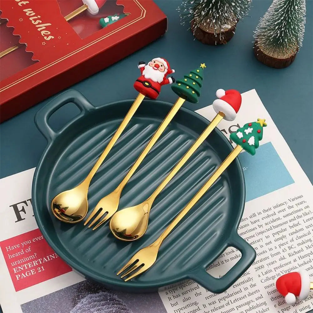 Conjunto de 4 Colheres de Natal Douradas – Colheres Festivas de Sobremesa e Café para o Natal