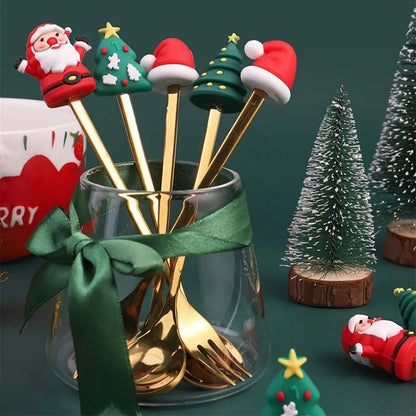 Conjunto de 4 Colheres de Natal Douradas – Colheres Festivas de Sobremesa e Café para o Natal