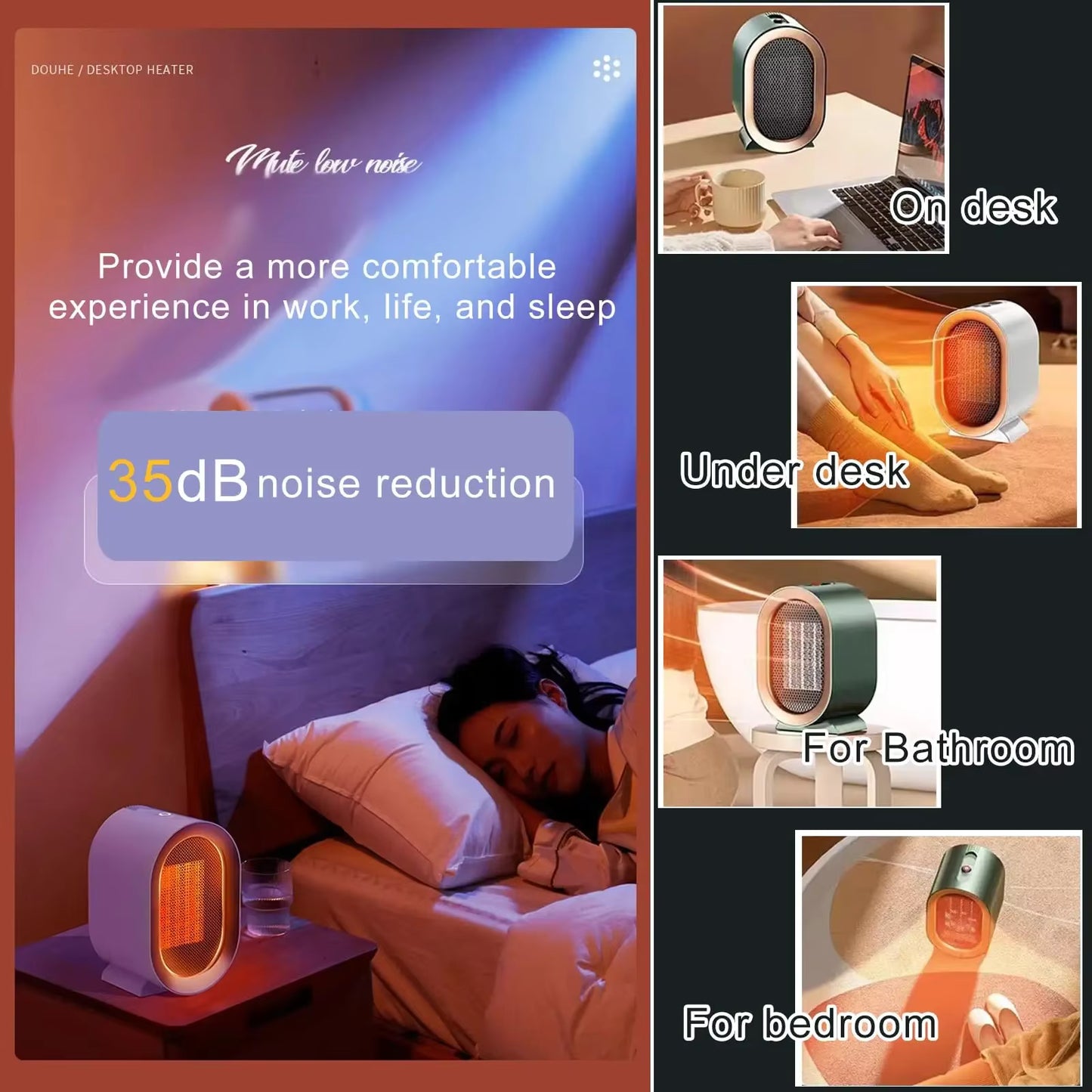 1200W Portable PTC Ceramic Space Heater – Quiet Desktop Fan Heater with 2 Heating Modes