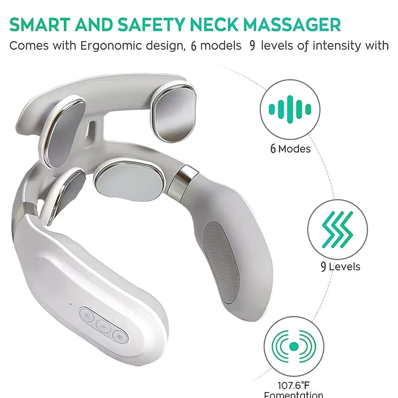 Massajador Inteligente de Pescoço de 4 Cabeças – Relaxador de Tecidos Profundos da Vértebra Cervical – Massajador 4D com Compressão Quente e Vibração com Luz Respiratória