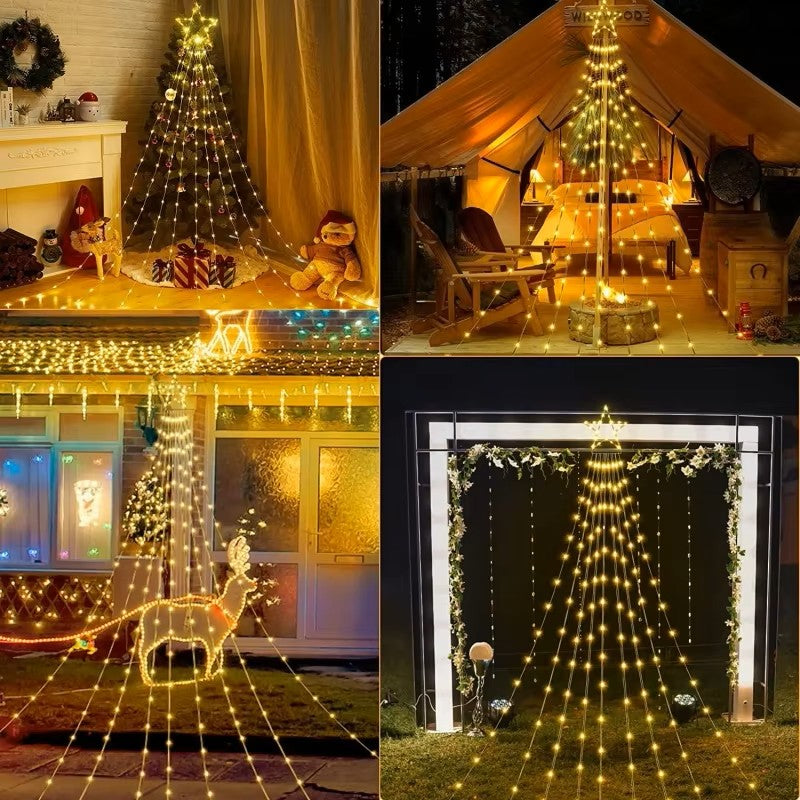 Luzes de Cascata Estrela LED – Luzes de 8 Modos Alimentadas por USB com Controlo Remoto para Decoração de Natal e Campismo Interior/Exterior