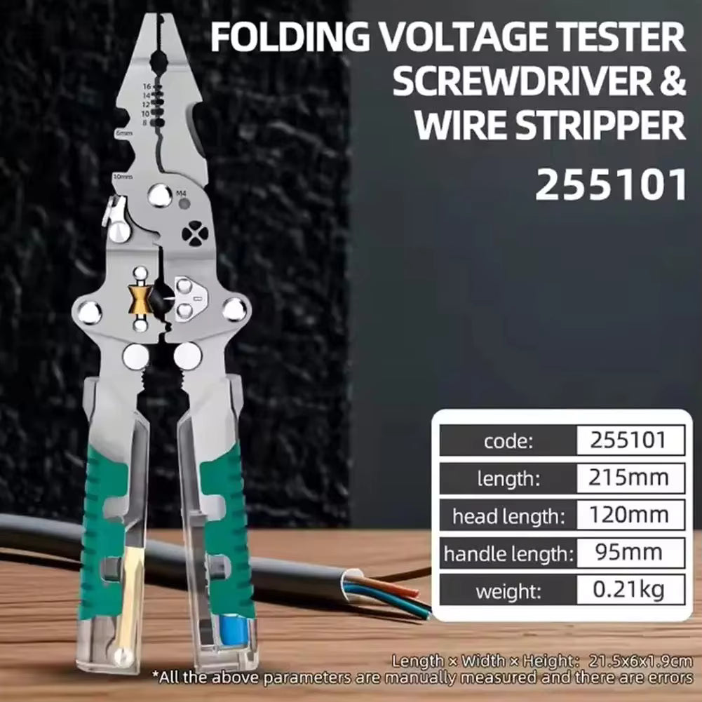 Descascador de Fios Multifuncional Dobrável 9 em 1 – Alicate de Eletricista Profissional com Testador de Tensão Integrado