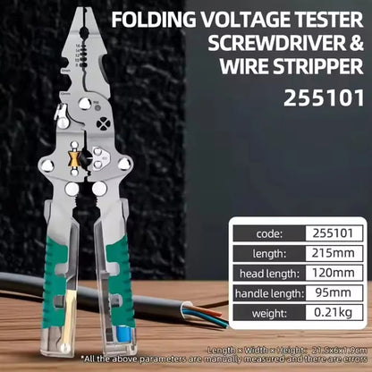 Descascador de Fios Multifuncional Dobrável 9 em 1 – Alicate de Eletricista Profissional com Testador de Tensão Integrado