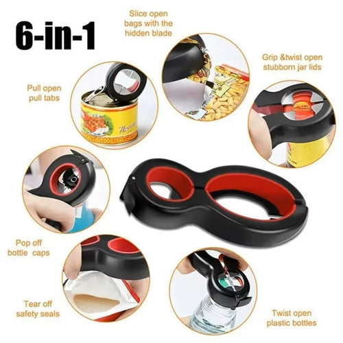 Abridor de Latas Multifuncional 6 em 1 e Abridor de Frascos – Abridor de Garrafas Manual Universal para Idosos com Artrite – Ferramenta de Cozinha Tudo em Um para Latas, Tampas e Anéis