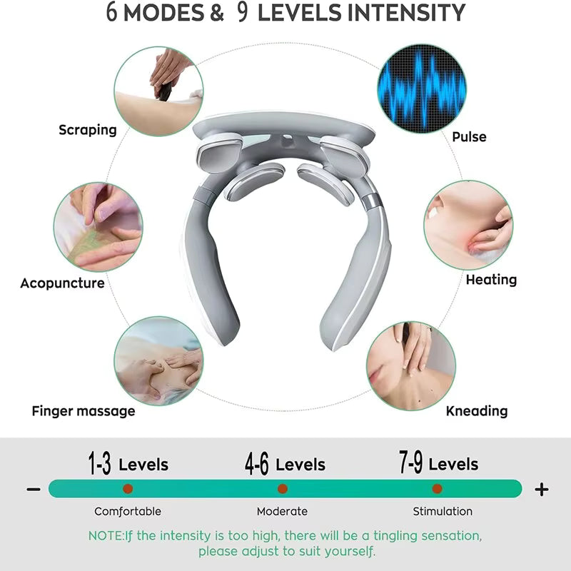 Massajador Inteligente de Pescoço de 4 Cabeças – Relaxador de Tecidos Profundos da Vértebra Cervical – Massajador 4D com Compressão Quente e Vibração com Luz Respiratória