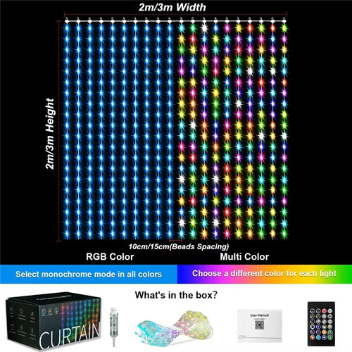 Cortinas de Luz Inteligentes LED RGB 400-800 – Sincronização Musical, Controlo por Aplicação e Controlo Remoto, Luzes de Festa
