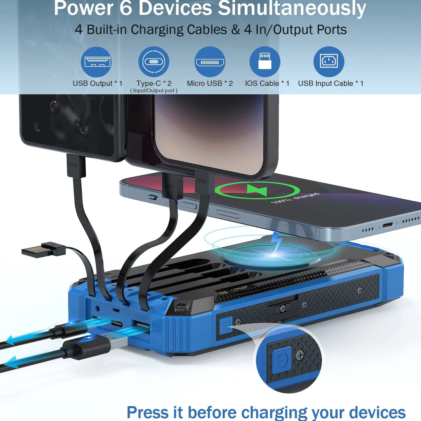 Solar Power Bank 200,000mAh – Wireless Fast Charging Portable Charger with Built-in 4 Cables