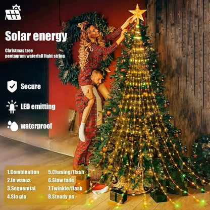 Luzes de Cascata Estrela LED – Luzes de 8 Modos Alimentadas por USB com Controlo Remoto para Decoração de Natal e Campismo Interior/Exterior