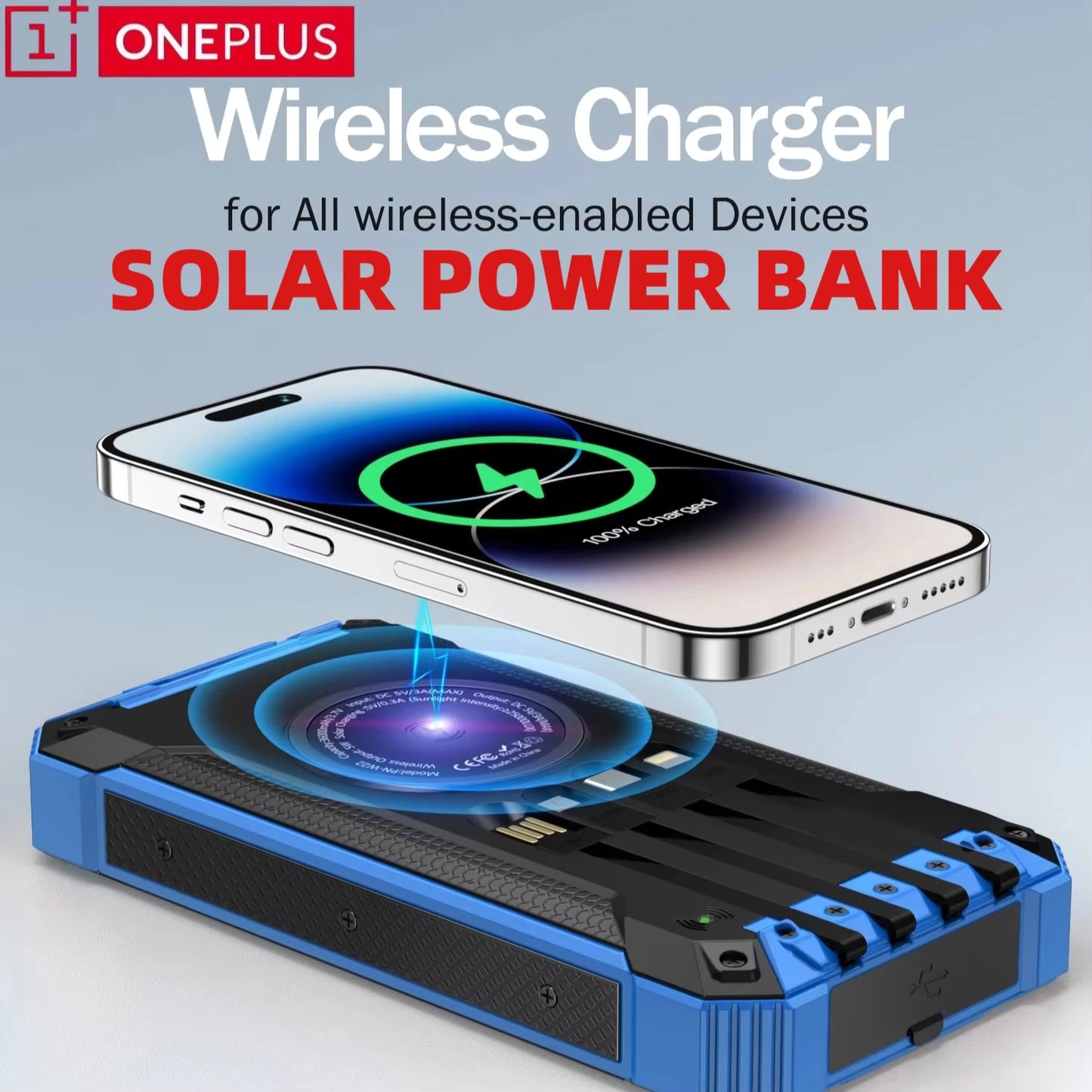 Solar Power Bank 200,000mAh – Wireless Fast Charging Portable Charger with Built-in 4 Cables