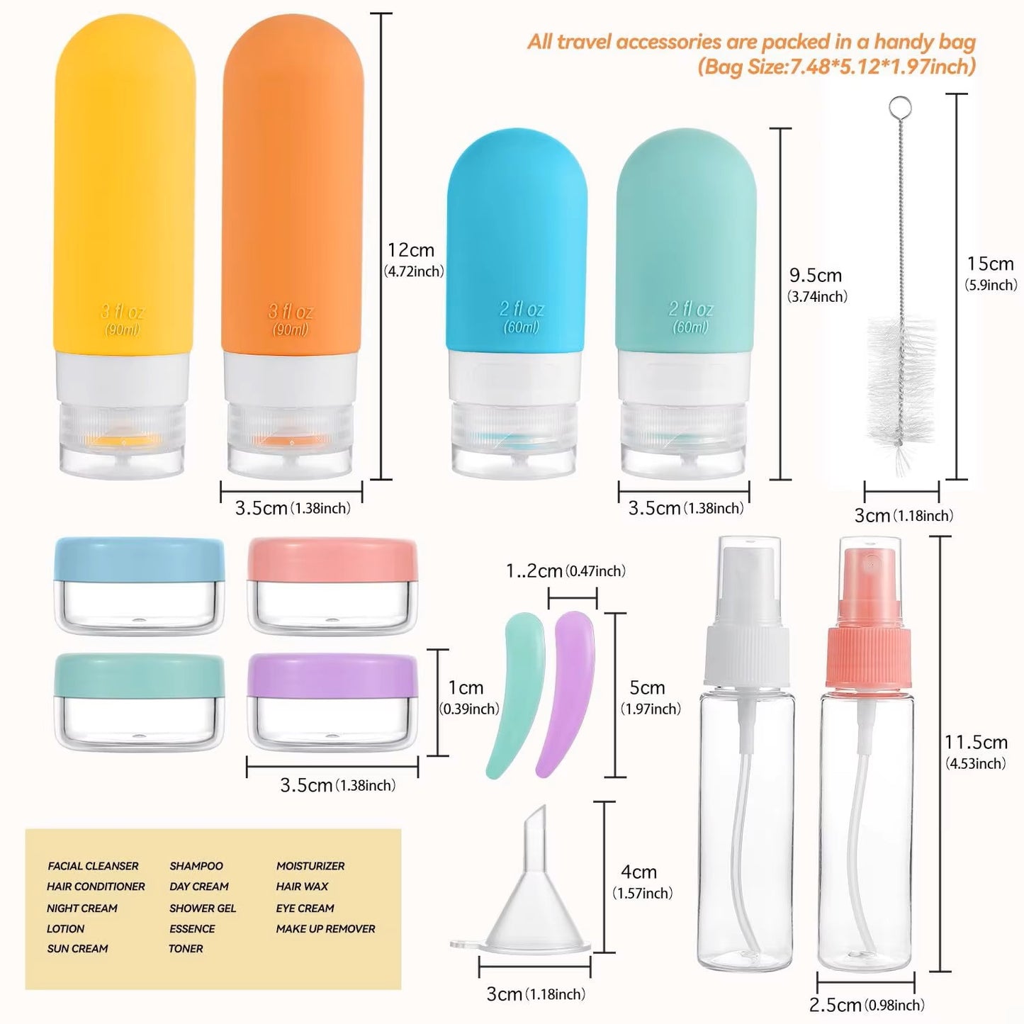 17-Pcs. Leakproof Travel Bottle Set, Silicone Containers for Shampoo, Lotion, & Soap with Storage Bag