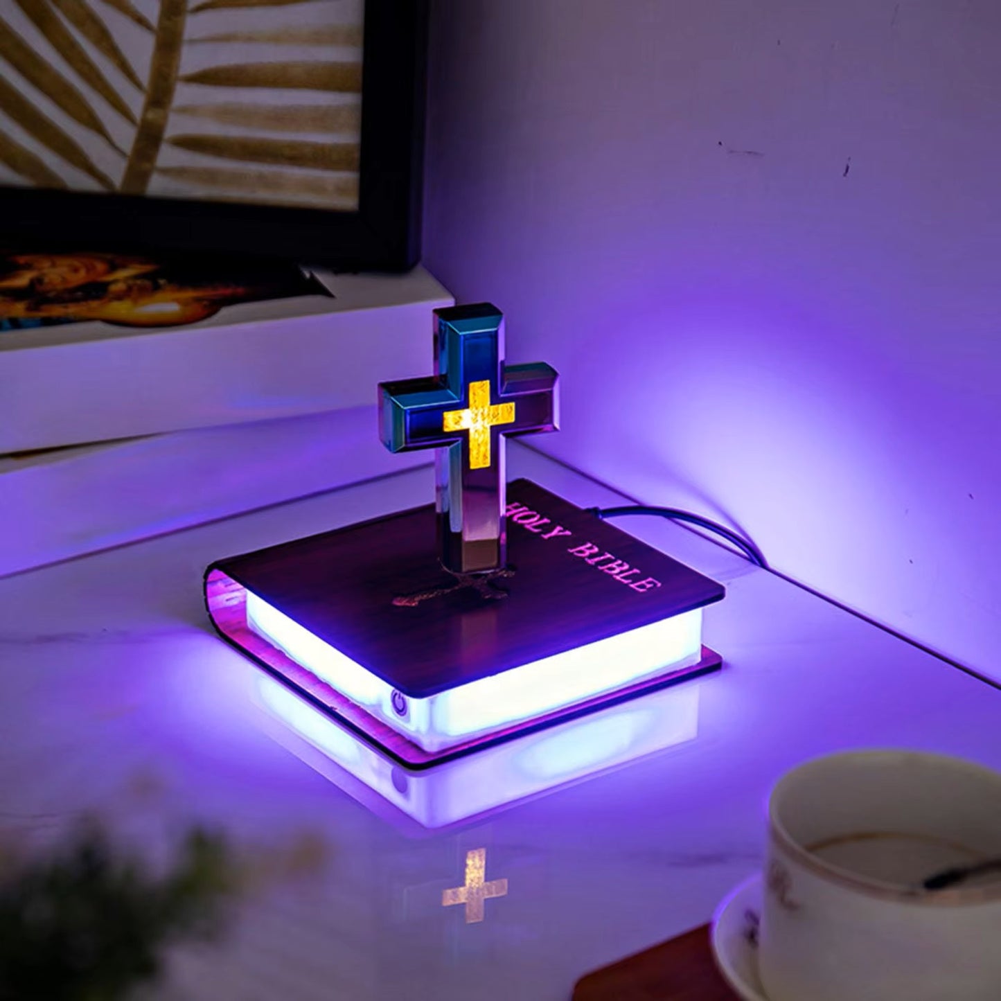 Lâmpada de Bíblia Flutuante com Cruz de Levitação Magnética