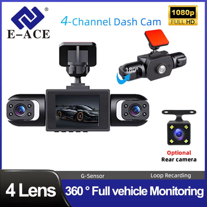 E-ACE Câmara de Tablier de Carro de 4 Canais 360° – Gravador de Vídeo de Lente Quádrupla 1080P – Câmara de Tablier Tudo-em-Um Dianteira, Esquerda, Direita e Traseira