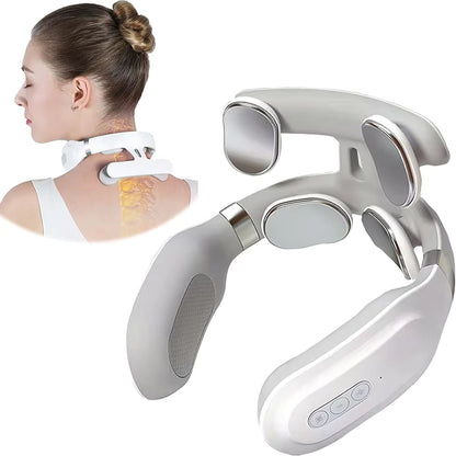 Massajador Inteligente de Pescoço de 4 Cabeças – Relaxador de Tecidos Profundos da Vértebra Cervical – Massajador 4D com Compressão Quente e Vibração com Luz Respiratória