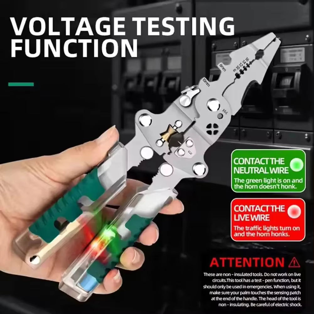 Descascador de Fios Multifuncional Dobrável 9 em 1 – Alicate de Eletricista Profissional com Testador de Tensão Integrado