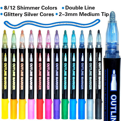 Double Line Pens Set – 8/12 Colors Metallic Self-Outline Markers for DIY Art & Cards