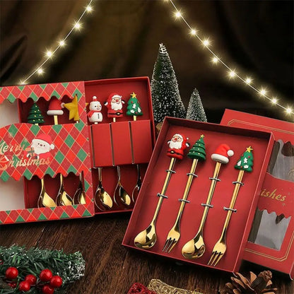 Conjunto de 4 Colheres de Natal Douradas – Colheres Festivas de Sobremesa e Café para o Natal