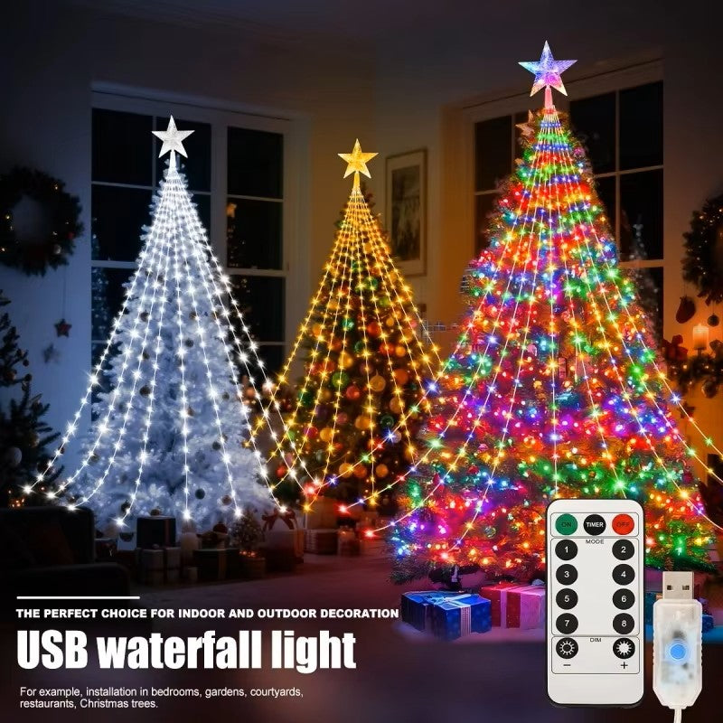 Luzes de Cascata Estrela LED – Luzes de 8 Modos Alimentadas por USB com Controlo Remoto para Decoração de Natal e Campismo Interior/Exterior
