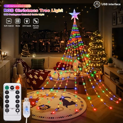 Luzes de Cascata Estrela LED – Luzes de 8 Modos Alimentadas por USB com Controlo Remoto para Decoração de Natal e Campismo Interior/Exterior