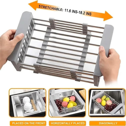 Adjustable Stainless Steel Over-the-Sink Dish Drying Rack & Fruit/Vegetable Drainer
