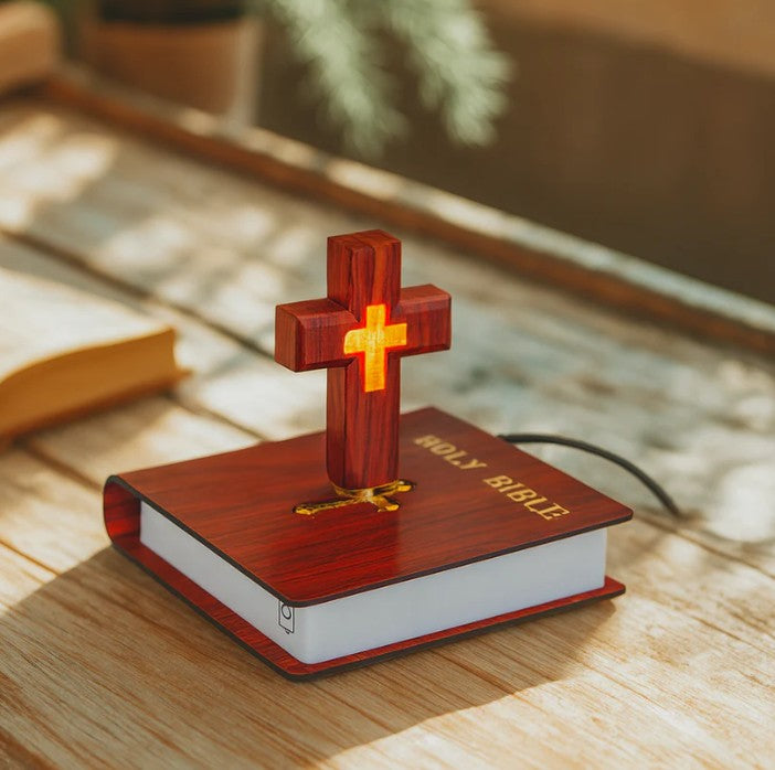 Lâmpada de Bíblia Flutuante com Cruz de Levitação Magnética