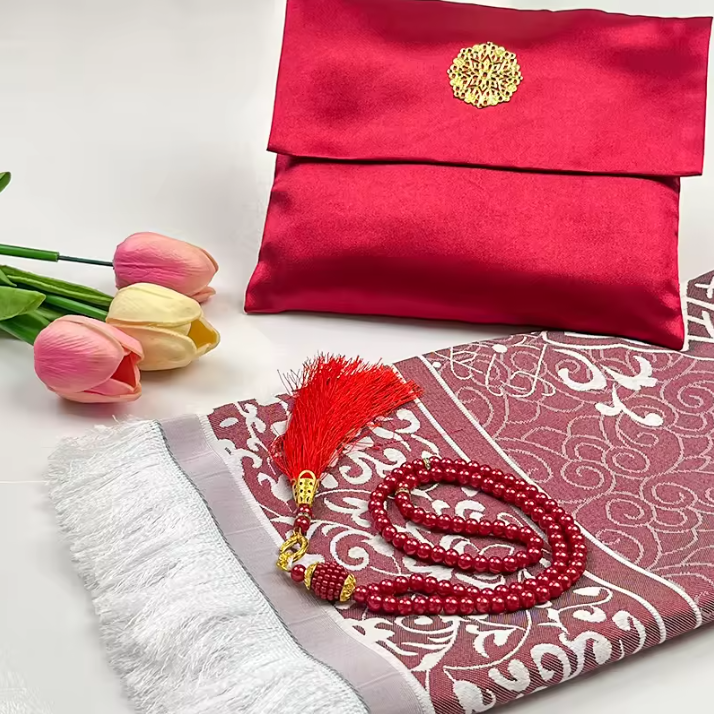 Elegante Conjunto de Presente de 3 Peças: Tapete de Oração de Viagem e Tasbih