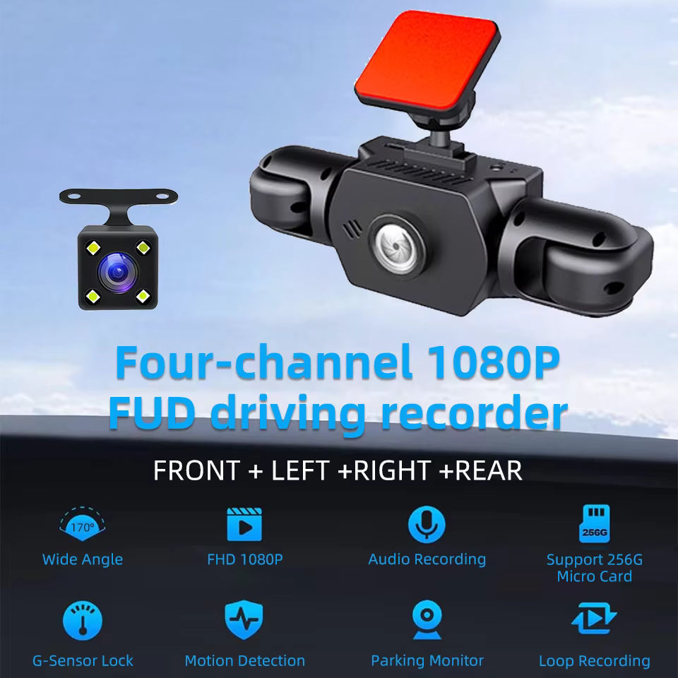 E-ACE Câmara de Tablier de Carro de 4 Canais 360° – Gravador de Vídeo de Lente Quádrupla 1080P – Câmara de Tablier Tudo-em-Um Dianteira, Esquerda, Direita e Traseira